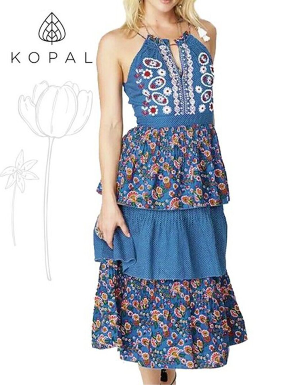 Kopal Izzy Boho Anthropologie Blue Foliage Triple Tiered Dress Medium